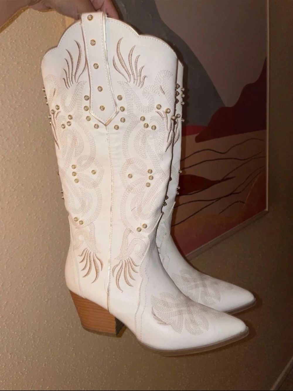 Altar'd State White Studded Embroidered Western Heeled Boots